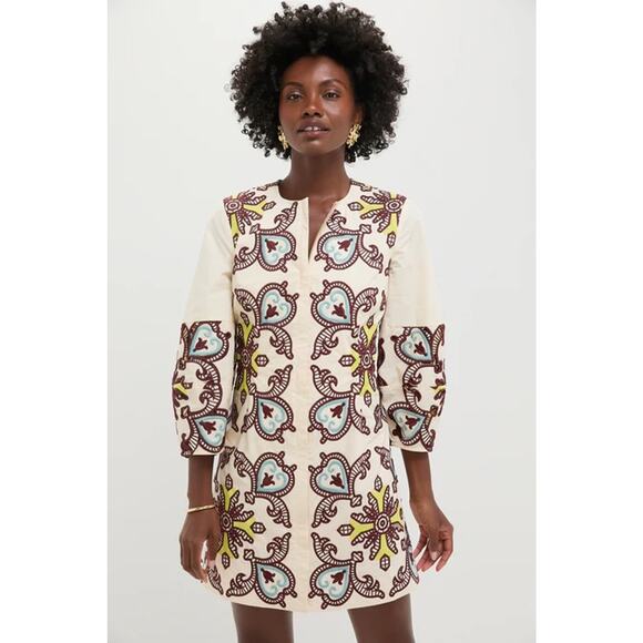 TUCKERNUCK Citron and Slate Blue Embroidered Long Sleeve Rhoda Tunic Dress 8 NWT - Picture 1 of 6